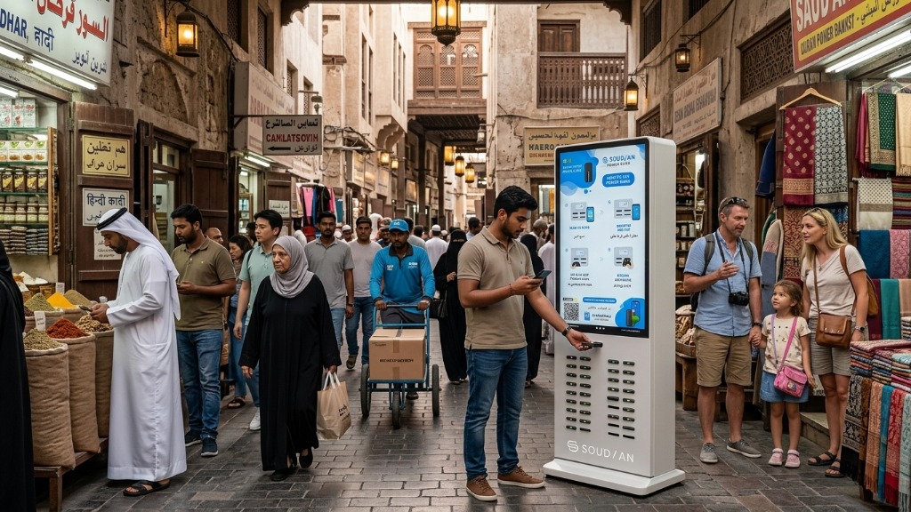 SouDian power-bank station kiosk in a Dubai heritage market corridor